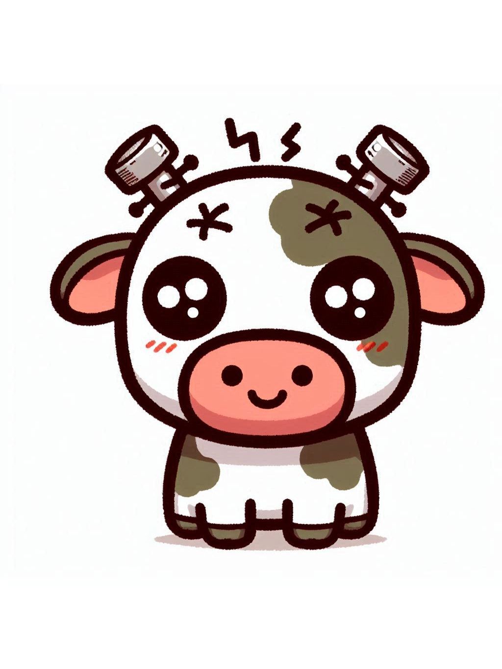 halloween cute animals drawings, a cute cow dressed as Frankenstein with playful patches and bolts